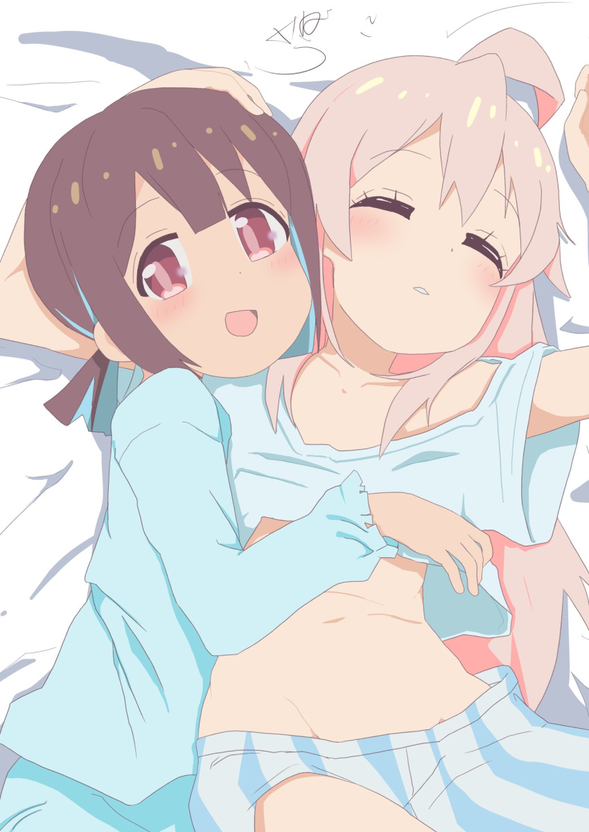 2girls :d ahoge bed_sheet blue_hair blue_pajamas blunt_bangs blush boxers brown_eyes closed_eyes clothes_lift collarbone commentary flat_chest groin hand_on_another's_head highres hozuki_momiji hug kebakebasan long_hair long_sleeves looking_at_viewer lying male_underwear multicolored_hair multiple_girls navel no_pants on_back on_side onii-chan_wa_oshimai! open_mouth oversized_clothes oversized_shirt oyama_mahiro pajamas shirt shirt_lift short_hair short_ponytail short_sleeves sleeping smile stomach striped_male_underwear two-tone_hair underwear yuri