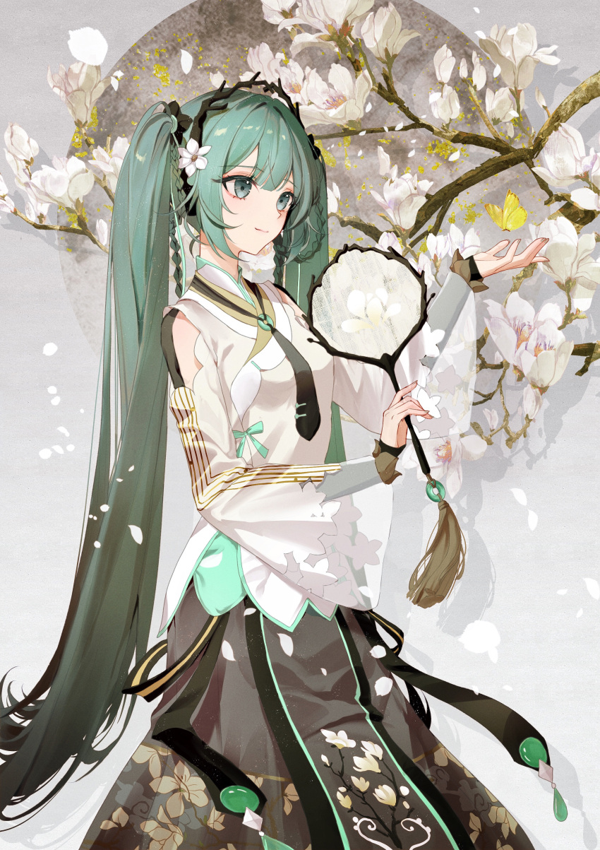 1girl absurdres alternate_costume aqua_eyes aqua_hair bangs black_hairband black_skirt closed_mouth flower hair_flower hair_ornament hairband hatsune_miku highres holding long_hair long_sleeves magnolia miku_day miku_with_you_(vocaloid) osage_(8545675) petals shaohua_hatsune_miku shirt skirt solo twintails vocaloid white_flower white_shirt