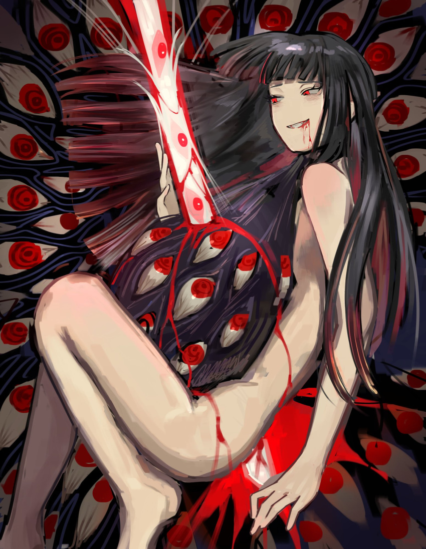 1girl black_hair blood blood_from_mouth e.g.o_(project_moon) extra_eyes fkrnnmr grin highres limbus_company long_hair nude project_moon red_eyes ryoshu_(limbus_company) smile solo spider_bud stab sword very_long_hair weapon