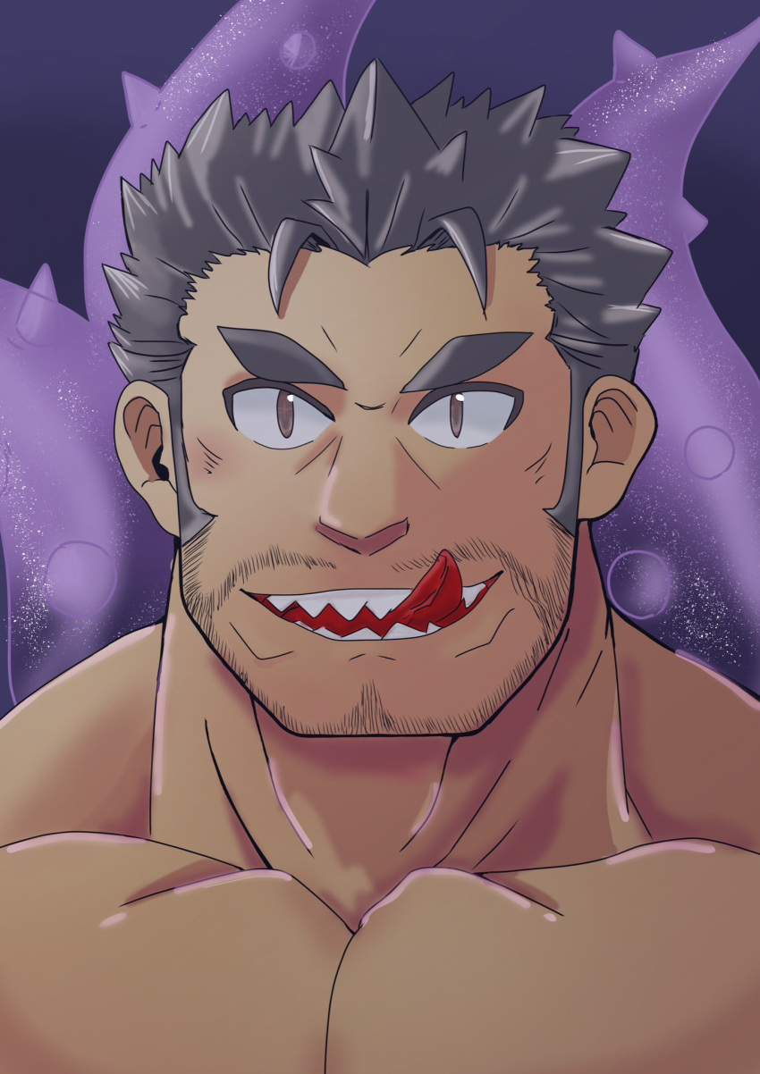 1boy :q bara beard dagon_(housamo) dark-skinned_male dark_skin facial_hair fish_boy highres horokeikam_love large_pectorals long_sideburns looking_at_viewer male_focus mature_male muscular muscular_male mustache_stubble nude pectorals portrait seductive_smile short_hair sideburns smile solo stubble tentacles thick_eyebrows tokyo_afterschool_summoners tongue tongue_out v-shaped_eyebrows