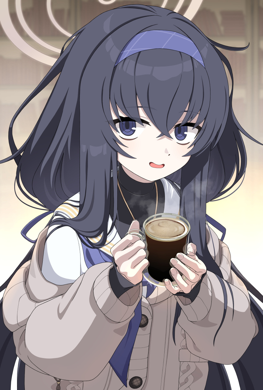 1girl absurdres black_hair blue_archive cardigan coffee cup grey_cardigan hair_between_eyes hairband halo highres holding holding_cup kokolokokomika long_hair long_sleeves open_mouth purple_eyes purple_hairband smile solo ui_(blue_archive) upper_body