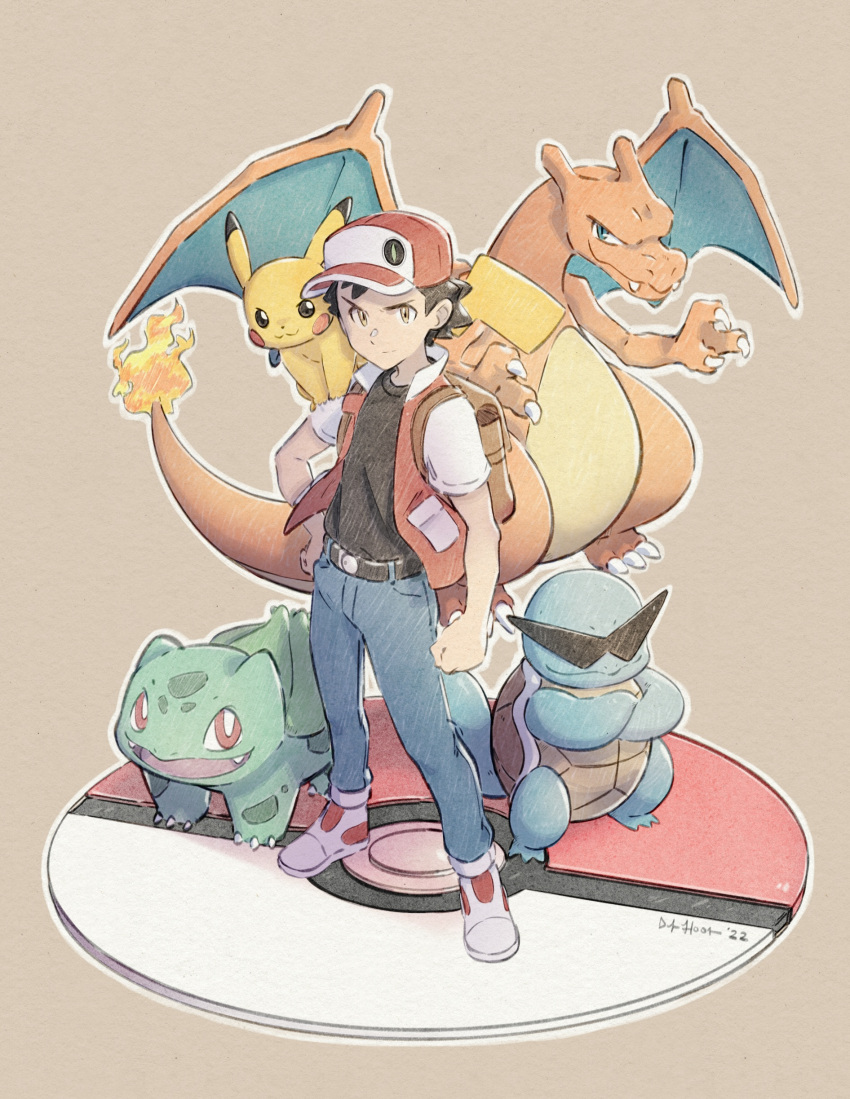 1boy absurdres backpack bag belt belt_buckle brown_bag buckle bulbasaur charizard clenched_hand closed_mouth commentary dukehooverart hand_on_own_hip hat highres jacket male_focus open_clothes open_jacket outline pants pikachu pokemon pokemon_(creature) pokemon_(game) pokemon_rgby red_(pokemon) red_headwear shirt shoes short_hair squirtle squirtle_squad standing white_footwear
