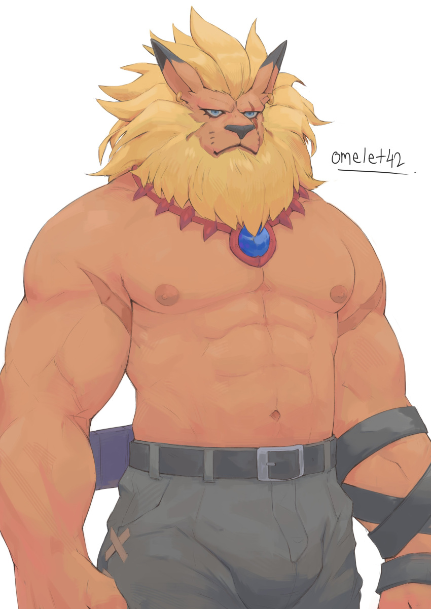 abs absurd_res bandai_namco beard belt blonde_hair bottomwear bulge clothed clothing digimon digimon_(species) facial_hair frown hair hi_res jewelry leomon male mane navel nipples omelet42 pants pecs scar solo topless