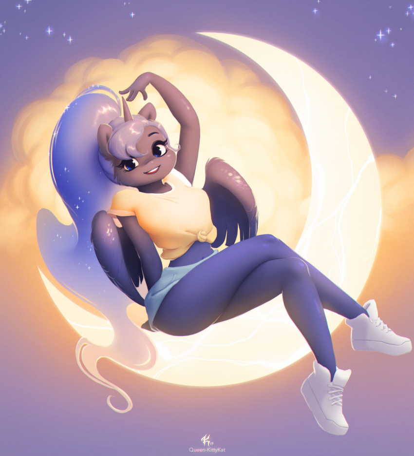 absurd_res blue_body blue_eyes blue_fur blue_hair clothing crossed_legs equid equine footwear friendship_is_magic full_moon fur hair hasbro hi_res horn looking_at_viewer mammal moon my_little_pony princess_luna_(mlp) shoes sitting sneakers ukulilia winged_unicorn wings