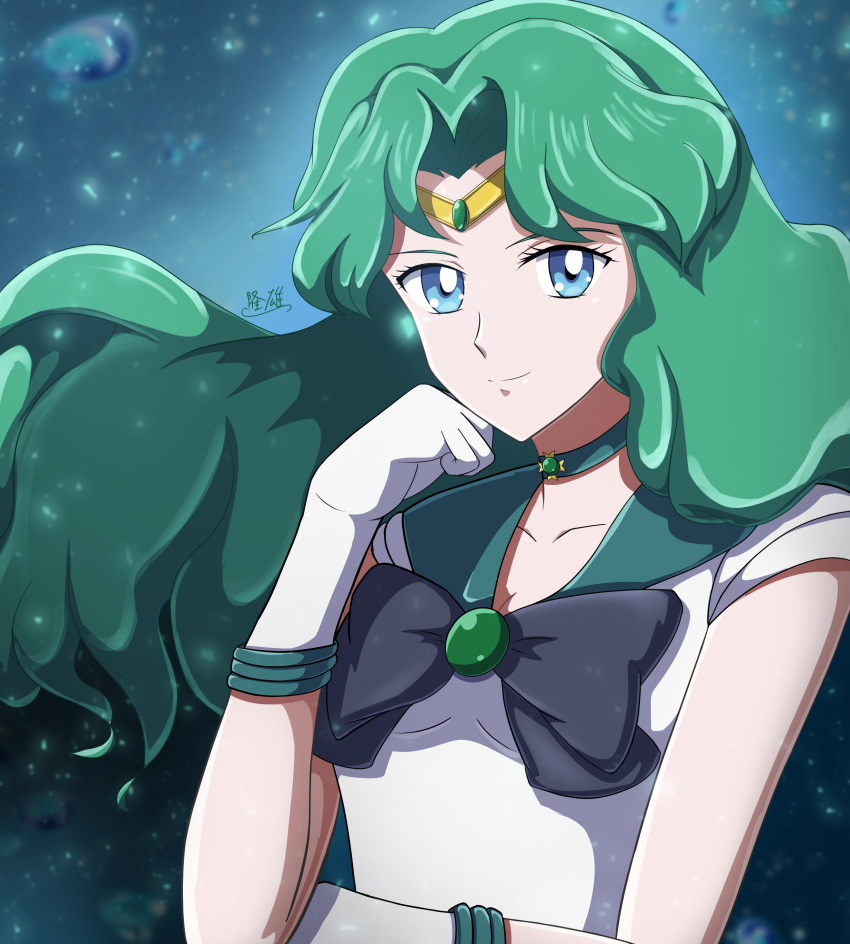 1girl absurdres bishoujo_senshi_sailor_moon black_bow blue_background blue_eyes bow breasts choker circlet gloves green_hair green_sailor_collar highres jewelry long_hair magical_girl sailor_collar sailor_neptune sailor_senshi sailor_senshi_uniform small_breasts solo upper_body white_gloves zeff_ozaki