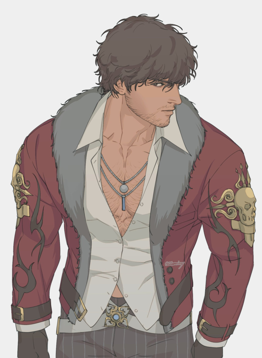 1boy bara belt black_gloves black_hair black_pants chest_hair closed_mouth collared_shirt facial_hair fur-trimmed_jacket fur_trim gloves highres jacket kamii_(gloominny) large_pectorals male_focus miguel_caballero_rojo muscular muscular_male open_clothes open_jacket pants pectorals red_jacket shirt short_hair solo tekken tekken_7 white_belt white_shirt