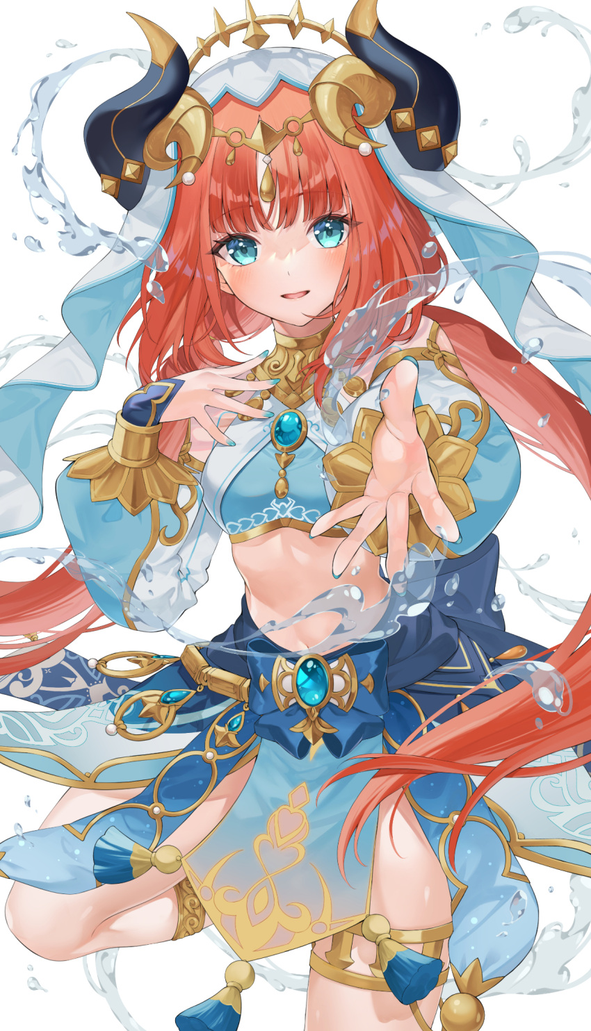 1girl aqua_eyes aqua_nails blue_gemstone blue_skirt blunt_bangs blush bracer breasts brooch circlet cowboy_shot fake_horns gem genshin_impact gold_trim hand_on_own_chest harem_outfit highres horns hydrokinesis jewelry leg_up long_hair long_sleeves looking_at_viewer low_twintails medium_breasts midriff navel neck_ring nilou_(genshin_impact) nobell_(bell_no5) open_mouth parted_bangs puffy_long_sleeves puffy_sleeves reaching reaching_towards_viewer red_hair sidelocks simple_background skirt solo stomach thighlet twintails veil water white_background white_headdress white_veil