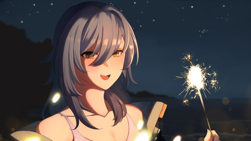 1girl :d bare_shoulders blush breasts cleavage collarbone fireworks grey_hair hair_between_eyes highres hinagi_(fox_priest) holding holding_fireworks honkai:_star_rail honkai_(series) long_hair looking_at_viewer night night_sky open_mouth sky smile solo sparkler star_(sky) starry_sky stelle_(honkai:_star_rail) trailblazer_(honkai:_star_rail) yellow_eyes