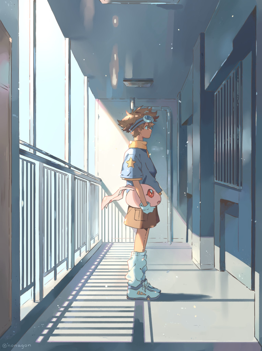 brown_shorts child digimon digimon_(creature) digimon_adventure gloves goggles goggles_on_head highres koromon open_mouth red_eyes robo_nonagon scene_reference shadow shorts standing star_(symbol) sunlight white_footwear white_gloves window yagami_taichi