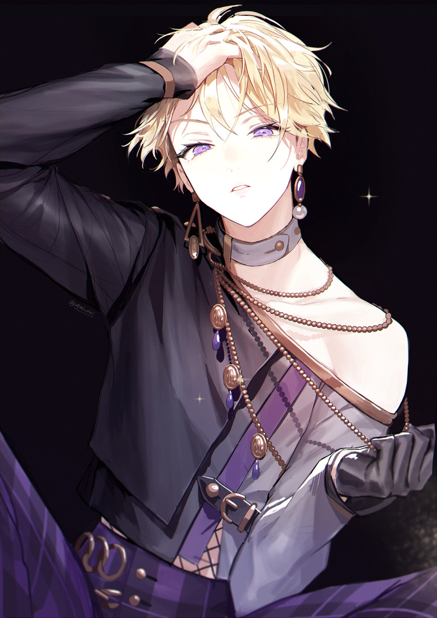 1boy androgynous black_background black_jacket blonde_hair choker earrings ensemble_stars! hands_in_hair highres jacket jewelry long_sleeves male_focus multicolored_background narukami_arashi necklace pants plaid plaid_pants purple_background purple_choker purple_eyes purple_jacket riri_(artist) short_hair solo teeth