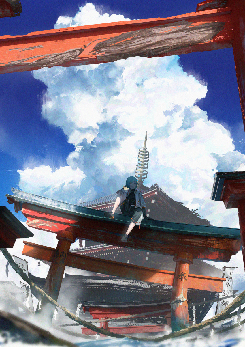 1other absurdres ambiguous_gender androgynous architecture arm_support banner black_footwear black_shirt black_shorts blue_hair blue_sky blurry blurry_foreground building cloud commentary_request cumulonimbus_cloud day east_asian_architecture film_grain gyoukan_(jfxc) highres jacket multiple_torii open_clothes open_jacket orange_eyes original outdoors pagoda rope ruins scenery shade shimenawa shirt short_hair shorts shrine sky solo sunlight torii two-tone_shorts white_jacket white_shorts wide_shot