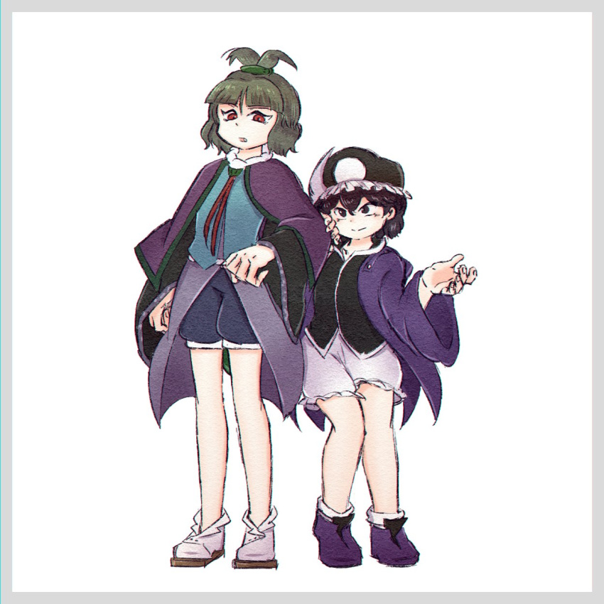 2others adagumo_no_saragimaru androgynous black_headwear black_shirt black_sleeves blue_kimono blue_shorts blunt_bangs blush_stickers boots buttons capelet chikafumikou clenched_hand closed_mouth collar collared_capelet collared_shirt fang frilled_hat frilled_shorts frills full_body green_hair green_trim hair_ornament hand_on_another's_arm hand_up hat height_difference highres hood hood_down hooded_jacket jacket japanese_clothes kimono len'en long_sleeves looking_at_another mob_cap multiple_others necktie open_mouth puffy_pants purple_capelet purple_eyes purple_footwear purple_hair purple_jacket purple_trim red_eyes red_necktie sandals shirt shitodo_kuroji short_hair short_ponytail shorts smile snake_hair_ornament socks triangular_headpiece v-shaped_eyebrows white_background white_collar white_shorts white_socks white_trim wide_sleeves