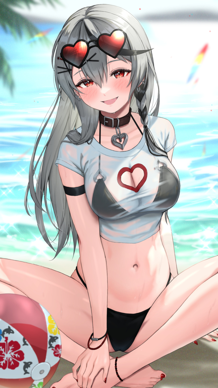 1girl :d ball barefoot bikini black_bikini black_collar black_hair blurry blurry_background blush bowsan bracelet braid breasts cleavage clothes_lift collar commentary_request crop_top crossed_ankles day eyewear_on_head feet grey_hair hair_ornament heart heart-shaped_eyewear highres hololive jewelry knees_apart_feet_together large_breasts long_hair multicolored_hair nail_polish navel ocean open_mouth outdoors parted_lips partial_commentary red_eyes red_nails sakamata_chloe see-through see-through_shirt single_braid sitting smile solo stomach streaked_hair sunglasses swimsuit toenail_polish toenails toes virtual_youtuber x_hair_ornament