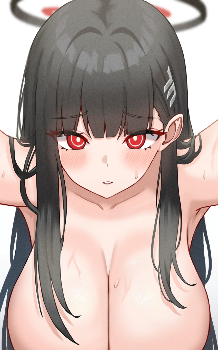 1girl absurdres black_hair blue_archive blunt_bangs blush breasts bright_pupils cleavage close-up hair_behind_ear hair_ornament hairclip halo hanging_breasts highres huge_breasts kano_(wi3028) leaning_forward long_hair looking_at_viewer nude outstretched_arms parted_lips reaching reaching_towards_viewer red_eyes rio_(blue_archive) simple_background solo sweat upper_body very_long_hair white_background