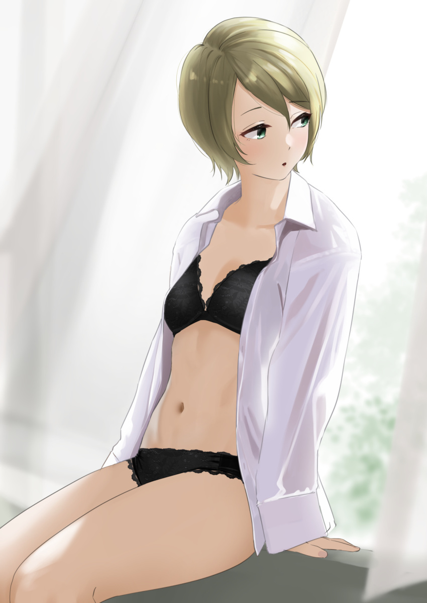 1girl :o absurdres arm_support black_bra black_panties bra breasts commentary commission curtains feet_out_of_frame green_eyes green_hair highres indoors looking_back navel open_clothes open_shirt panties pixiv_commission school_girl_strikers shirt short_hair sitting small_breasts solo stomach tama_(tamago) underwear white_shirt yukishiro_mari