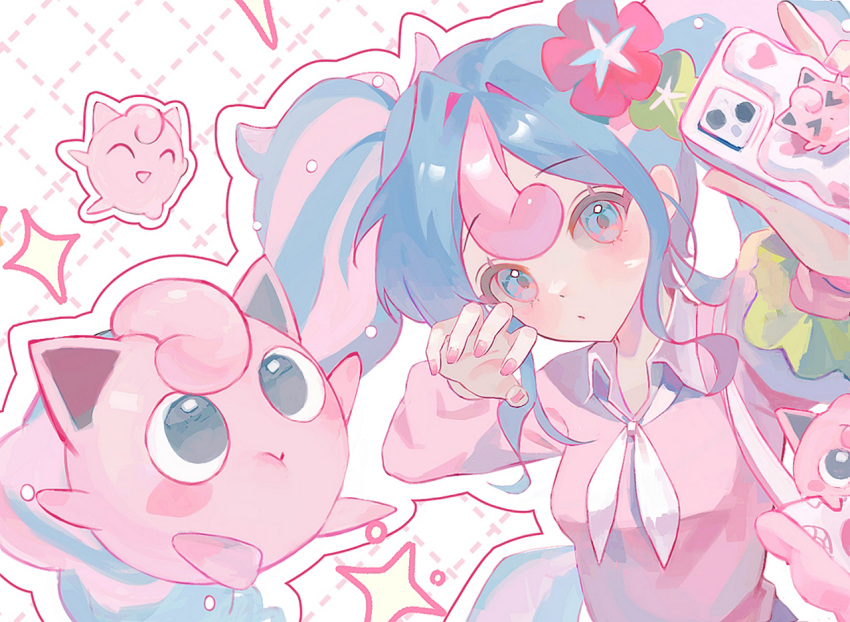 1girl blue_eyes cardigan cellphone fairy_miku_(project_voltage) flower gyun_0508 hair_flower hair_ornament hatsune_miku jigglypuff long_hair looking_at_viewer multicolored_hair nail_polish phone pink_cardigan pink_nails pokemon pokemon_(creature) project_voltage scrunchie selfie twintails two-tone_hair very_long_hair vocaloid wrist_scrunchie