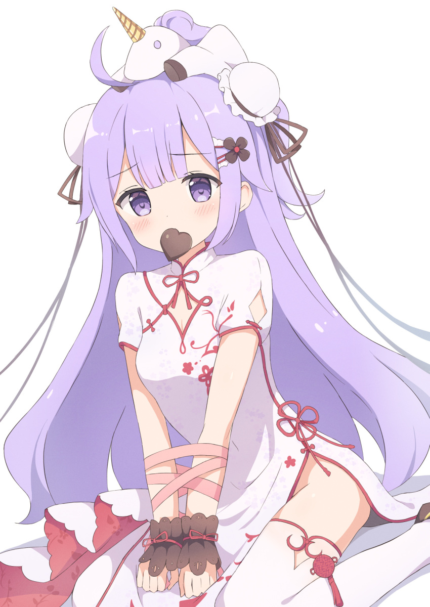 1girl azur_lane black_ribbon blush bound bound_wrists breasts bun_cover candy china_dress chinese_clothes chocolate cleavage cleavage_cutout clothing_cutout commission covered_navel double_bun dress dutch_angle feet_out_of_frame floral_print food groin hair_bun hair_ribbon heart heart-shaped_chocolate highres long_bangs looking_at_viewer mouth_hold one_side_up own_hands_together pelvic_curtain print_dress purple_eyes purple_hair raised_eyebrows ribbon ribbon_bondage shoulder_cutout side_slit sidelocks simple_background skeb_commission small_breasts solo straight_hair stuffed_winged_unicorn thighhighs thighs tyakomes unicorn_(azur_lane) unicorn_(the_gift_of_spring)_(azur_lane) white_background white_dress white_thighhighs wrist_cuffs