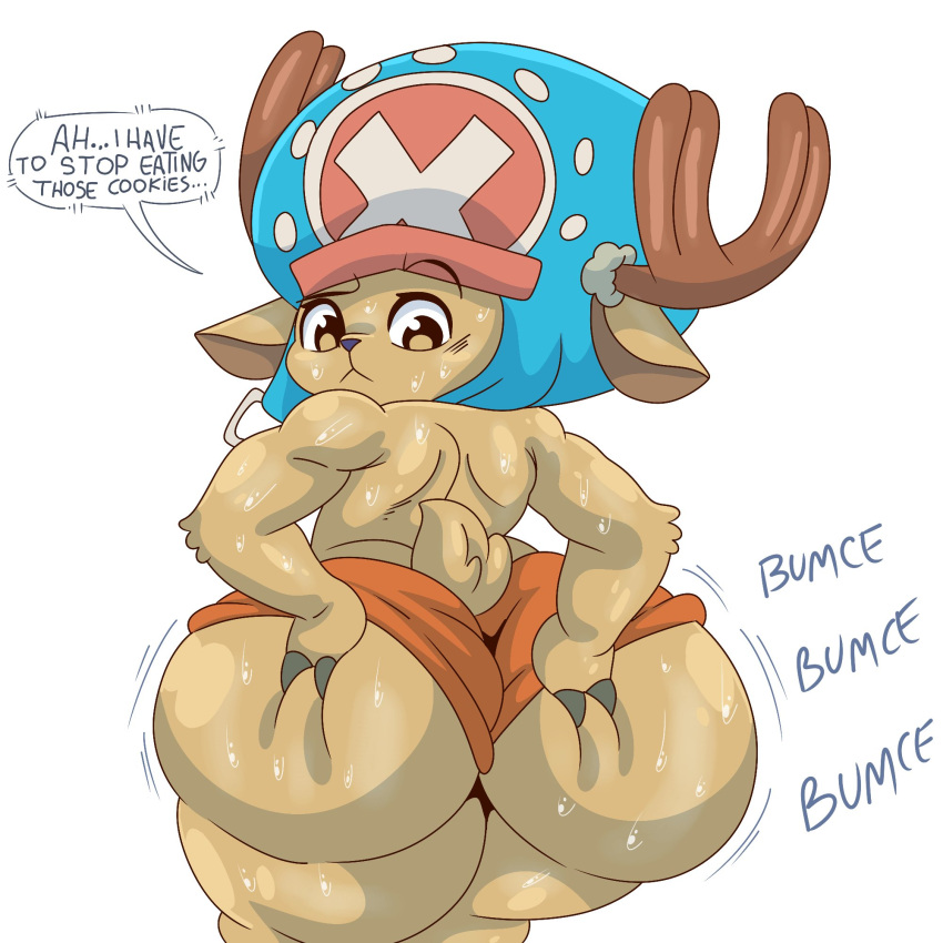 anthro big_butt bodily_fluids bouncing_butt butt capreoline deer furryonline1 hi_res looking_back male mammal one_piece reindeer solo sweat tail text thick_thighs tony_tony_chopper