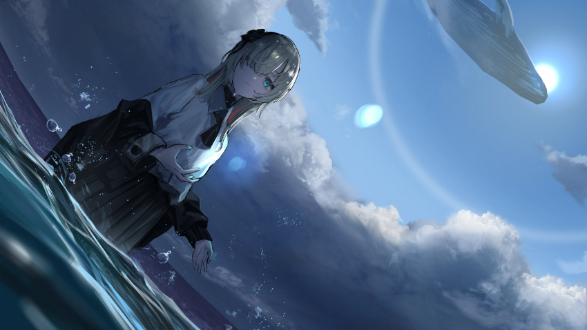 1girl alternate_costume aqua_eyes black_flower black_jacket black_necktie black_skirt blue_sky closed_mouth cloud cloudy_sky collared_shirt commentary_request dress_shirt dutch_angle expressionless flower flying_whale grey_hair hair_flower hair_ornament hair_over_one_eye hands_up highres isekai_joucho jacket jacket_partially_removed kamitsubaki_studio long_hair long_sleeves looking_at_viewer multicolored_hair necktie ocean outdoors pleated_skirt red_hair sea_spray shirt shirt_tucked_in short_necktie skirt sky solo storm streaked_hair sun sun_1200 virtual_youtuber wading water wet wet_clothes wet_hair whale white_shirt