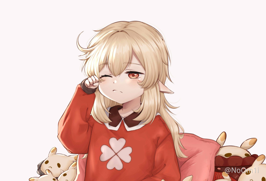 1girl artist_request blonde_hair child clover_print cowlick genshin_impact hair_between_eyes hair_down hand_up highres jumpy_dumpty klee_(genshin_impact) long_hair long_sleeves one_eye_closed pajamas pillow pointy_ears red_eyes red_pajamas rubbing_eyes sidelocks sleepwear solo upper_body waking_up white_background