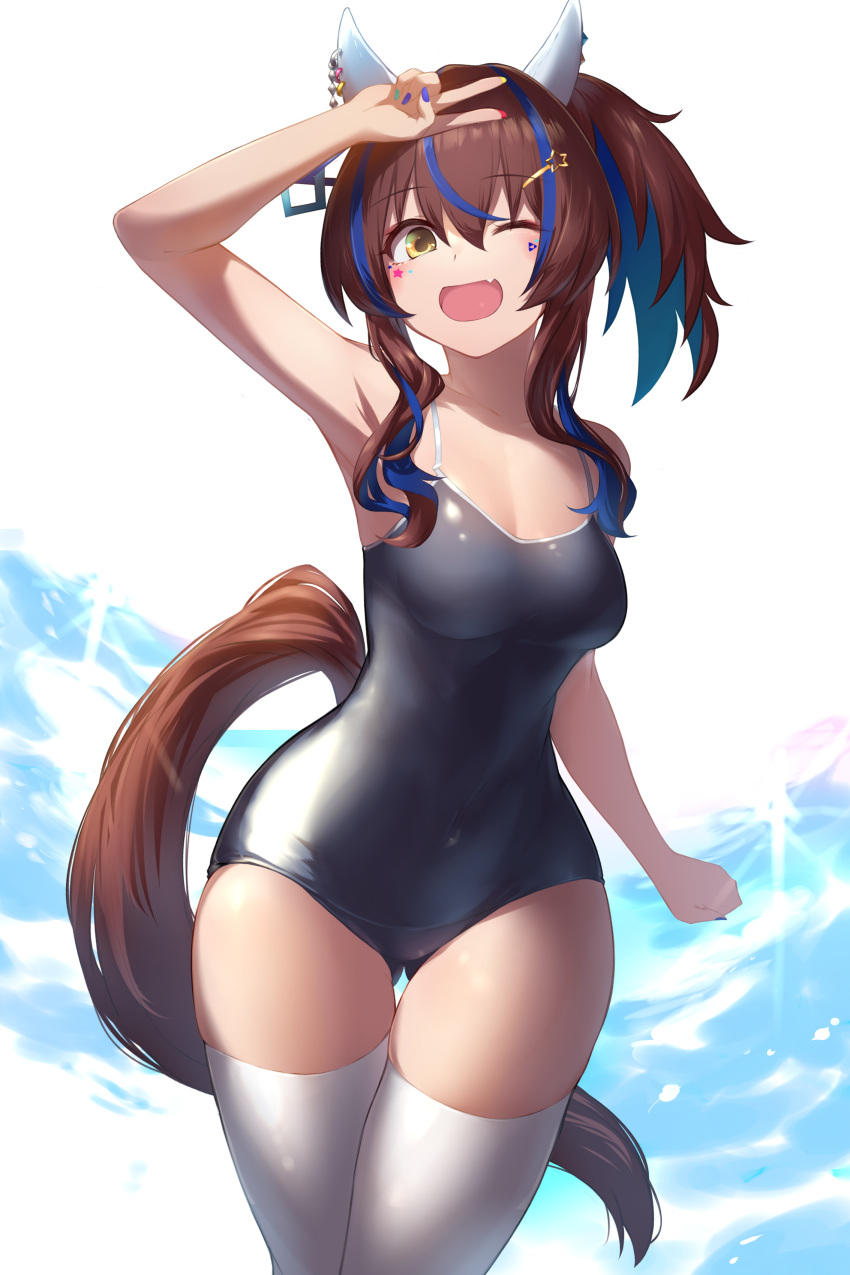 1girl absurdres animal_ears ass_visible_through_thighs bare_arms bare_shoulders black_one-piece_swimsuit breasts brown_hair cowboy_shot daitaku_helios_(umamusume) fang hair_between_eyes highres horse_ears horse_girl horse_tail long_hair medium_breasts one-piece_swimsuit one_eye_closed open_mouth ponytail saikuu skin_fang smile solo swimsuit tail thighhighs tracen_swimsuit umamusume v white_thighhighs yellow_eyes