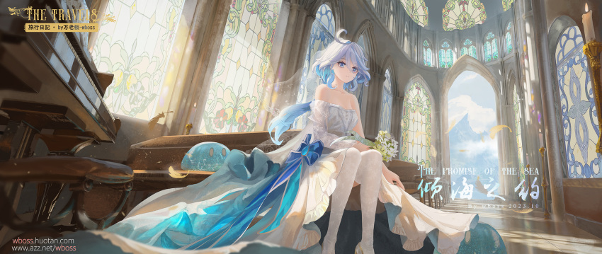 1girl bare_shoulders blue_eyes blue_hair breasts chinese_text dress flower furina_(genshin_impact) genshin_impact hair_between_eyes heterochromia high_heels highres instrument long_hair medium_breasts multicolored_hair pantyhose piano sitting slime_(genshin_impact) smile solo wboss white_dress white_hair white_pantyhose