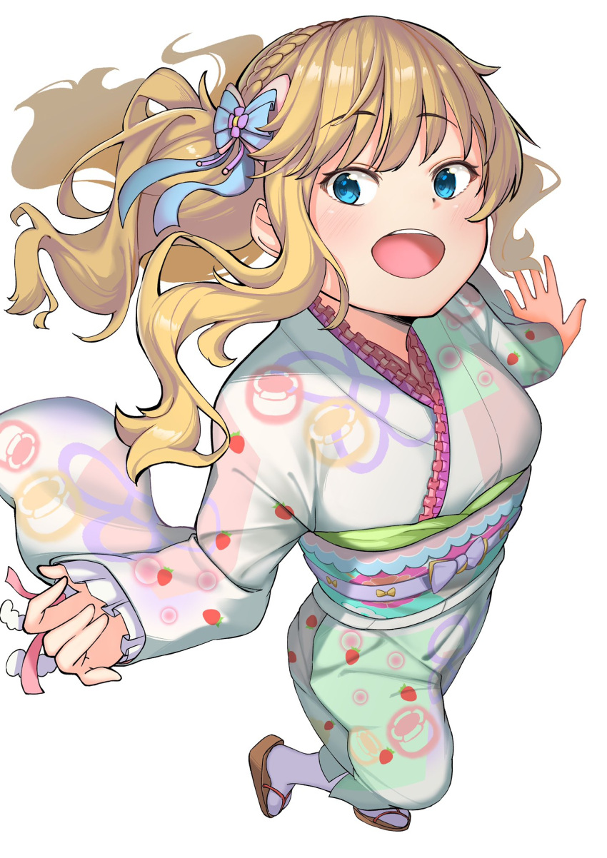 1girl blonde_hair blue_eyes braid breasts highres idolmaster idolmaster_cinderella_girls japanese_clothes kimono long_hair long_sleeves ohtsuki_yui open_mouth sandals sash small_breasts socks white_background white_socks