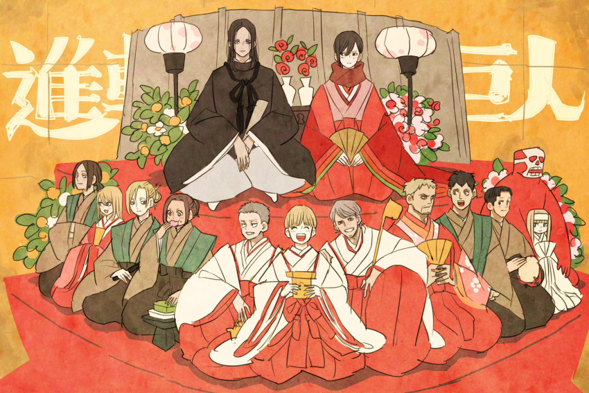 6+boys 6+girls annie_leonhardt armin_arlert bangs bertolt_hoover black_hair black_kimono blonde_hair blush brown_hair christa_renz closed_eyes connie_springer eating eren_yeager facial_hair flower food_in_mouth grin hair_between_eyes hair_bun hakama hand_fan headband highres hinamatsuri holding holding_fan japanese_clothes jean_kirchstein kimono kneeling lantern long_hair marco_bodt mikasa_ackerman multiple_boys multiple_girls open_mouth own_hands_together paper_lantern parted_bangs pink_kimono red_hakama red_scarf reiner_braun sasha_braus scarf shingeki_no_kyojin short_hair sitting smile takeuchi_ryousuke titan_(shingeki_no_kyojin) white_headband ymir_(shingeki_no_kyojin) ymir_fritz