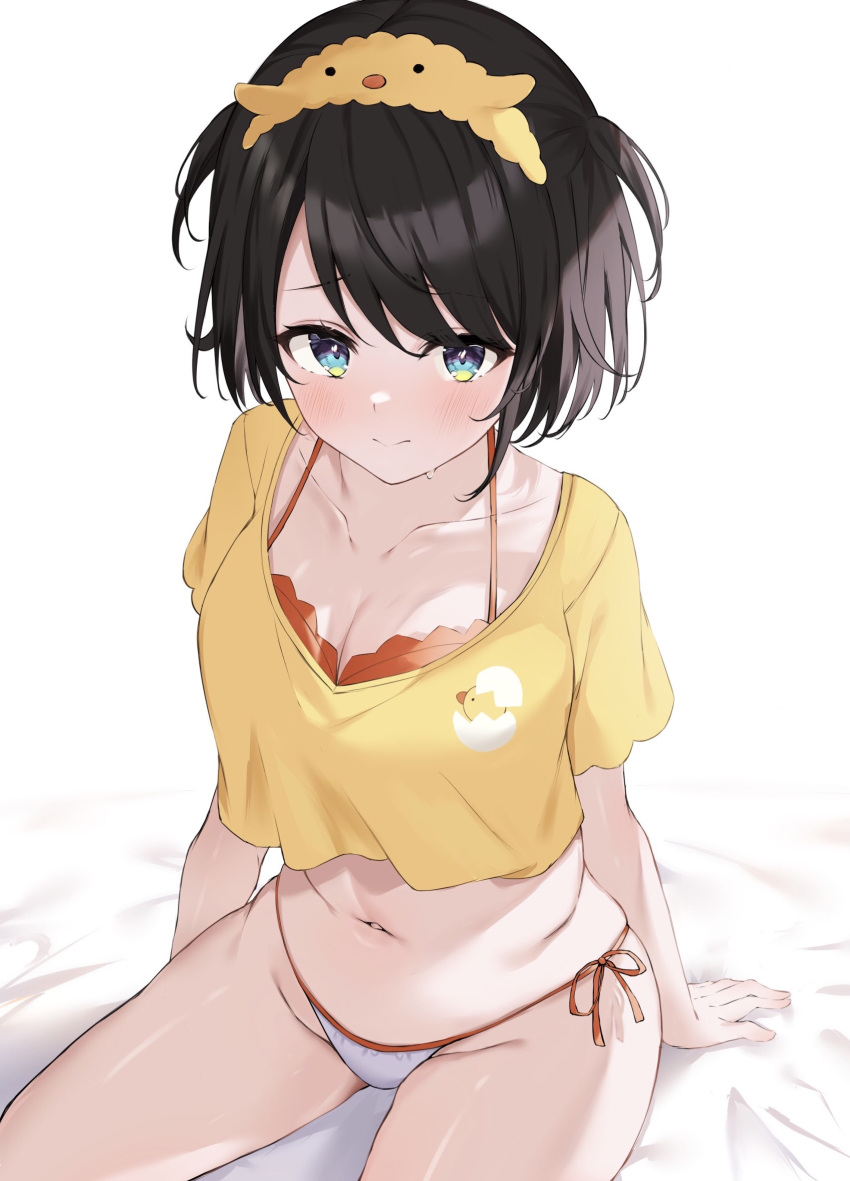 1girl black_hair blue_eyes blush bra bra_peek breasts cilu_shinomori closed_mouth collarbone cropped_shirt hairband highres hololive large_breasts looking_at_viewer loungewear navel official_alternate_costume oozora_subaru oozora_subaru_(7th_costume) orange_bra panties shirt short_hair short_sleeves side-tie_panties sitting solo swept_bangs two_side_up underwear virtual_youtuber white_panties yellow_hairband yellow_shirt