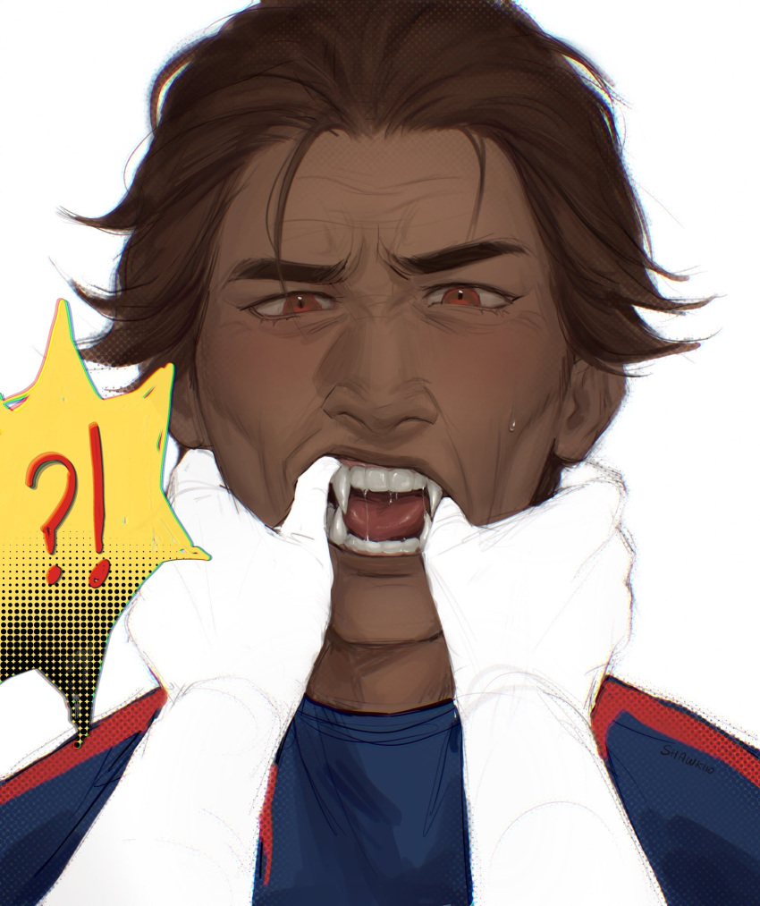 !? 1boy blush brown_hair dark-skinned_male dark_skin fangs finger_in_another's_mouth hair_slicked_back highres looking_at_viewer male_focus marvel mature_male miguel_o'hara mouth_pull open_mouth portrait pov pov_hands realistic red_eyes saliva screentones shawkiio short_hair simple_background solo_focus spider-man:_across_the_spider-verse spider-man_(2099) spider-man_(series) sweat thick_eyebrows white_background wrinkled_skin