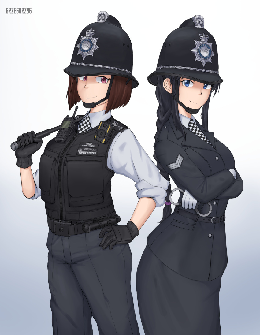 2girls absurdres baton_(weapon) belt black_belt black_gloves black_hair black_pants black_skirt black_tunic black_vest blue_eyes body_cam bow braid brown_eyes brown_hair checkered_necktie chevron_(symbol) chin_strap commission commissioner_upload crossed_arms cuffs custodian_helmet epaulettes facing_viewer from_side gloves grzegorz1996 hair_bow hand_on_own_hip handcuffs hat helmet highres holding holding_weapon kobayakawa_miyuki long_hair multiple_girls necktie pants police police_hat police_uniform policewoman ponytail pouch shirt short_hair simple_background skirt sleeves_rolled_up smile taiho_shichauzo tsujimoto_natsumi tunic uniform united_kingdom vest walkie-talkie watermark weapon white_gloves white_shirt