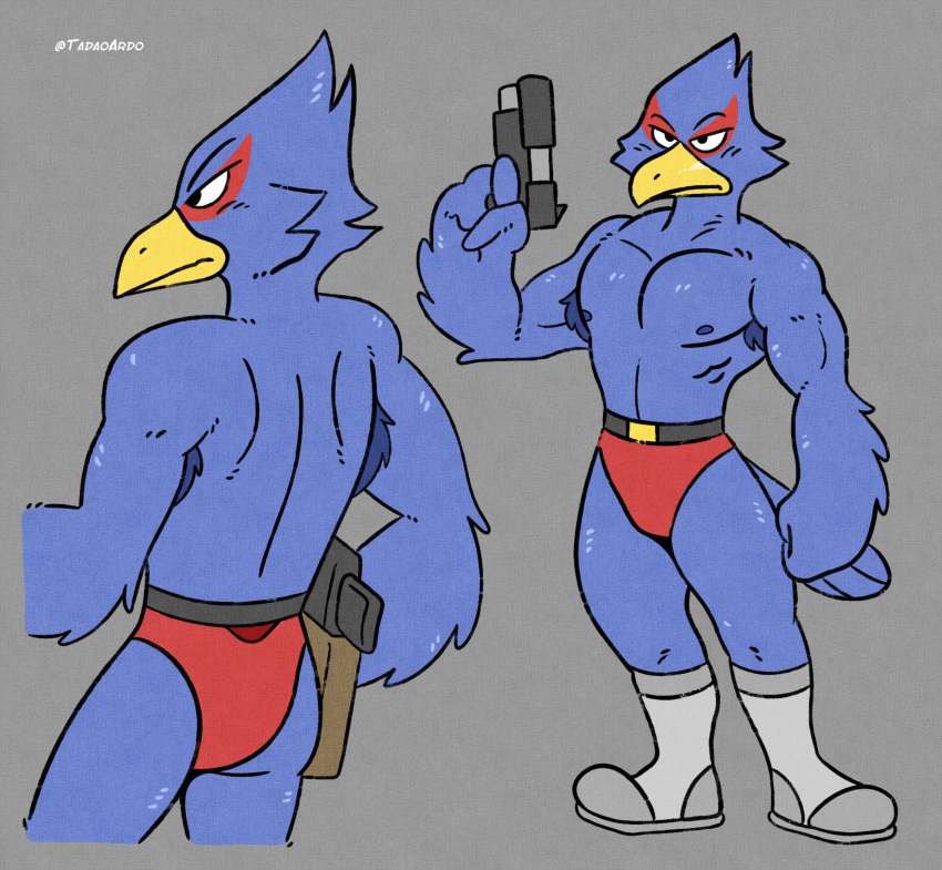 abs absurd_res anthro armpit_hair avian beak biceps bird black_eyes blue_body body_hair boots bottomwear clothed clothing falco_lombardi falcon falconid footwear gun hi_res male mammal muscular muscular_anthro muscular_male nintendo nipples pecs ranged_weapon rear_view skimpy solo star_fox tadaoardo weapon yellow_beak