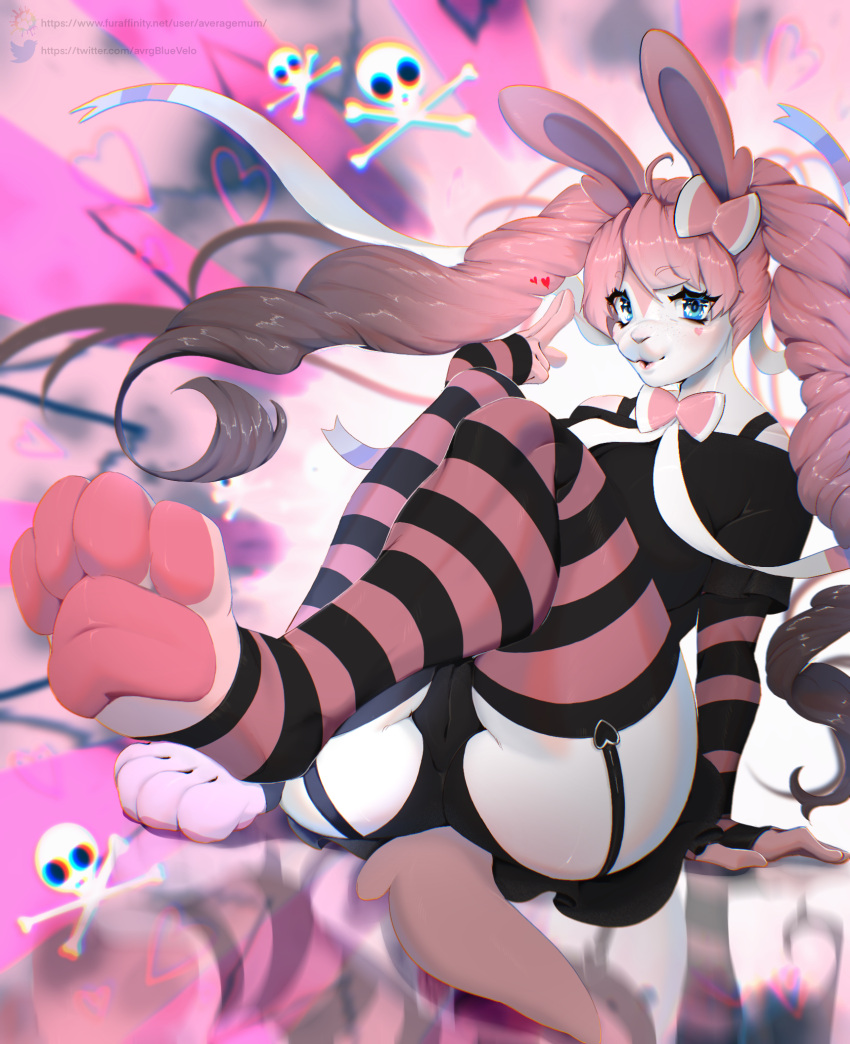 &lt;3 2023 4_toes 5_fingers abstract_background accessory ahoge anthro artist_name big_breasts blue_eyes bluevelo bow_ribbon bow_tie breasts camel_toe clothing dress eyebrow_through_hair eyebrows eyelashes feet female fingers garter_straps hair hair_accessory hair_bow hair_ribbon hi_res lagomorph legwear leporid long_hair looking_at_viewer mammal panties pattern_clothing pattern_legwear pawpads pink_hair rabbit ribbons sitting skull_and_crossbones sleeves soles solo striped_clothing striped_legwear stripes text thigh_highs toes translucent translucent_hair twintails_(hairstyle) underwear url