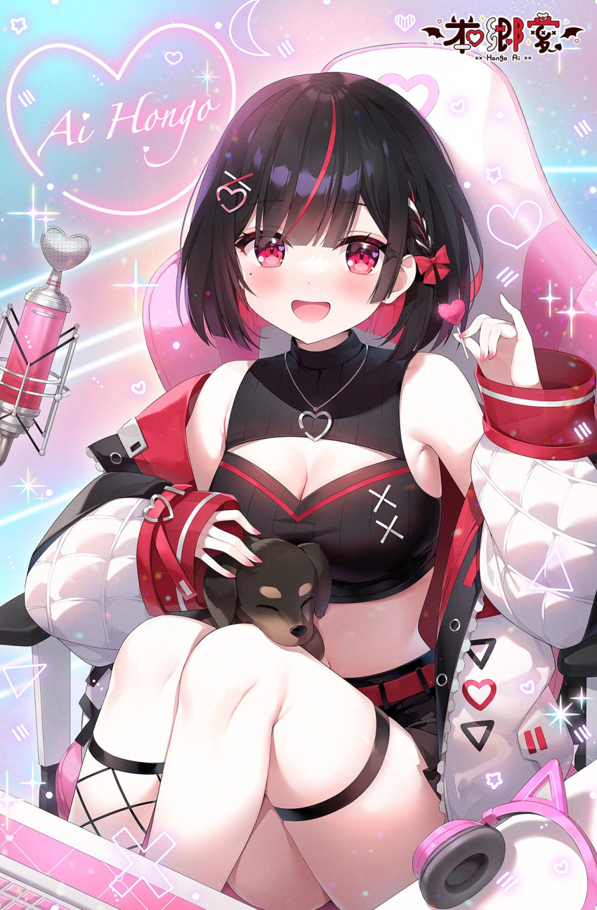 1girl ai_hongo_(vtuber) animal_ear_headphones animal_ears ayamy bare_shoulders belt black_hair blunt_bangs blunt_ends blush bow bowtie braid breasts candy cat_ear_headphones chair cleavage cleavage_cutout clothing_cutout coat colored_inner_hair crop_top dog fake_animal_ears fishnet_socks fishnets food gaming_chair hair_ornament hand_up headphones heart heart_hair_ornament heart_necklace highres indie_virtual_youtuber jewelry kneehighs knees_up lollipop looking_at_viewer medium_breasts medium_hair microphone midriff miniskirt mole mole_under_eye multicolored_hair necklace open_clothes open_coat open_mouth pink_hair pink_nails red_belt red_bow red_bowtie red_eyes ribbed_shirt shirt side_braid single_kneehigh single_sock sitting skirt smile socks streaked_hair swivel_chair