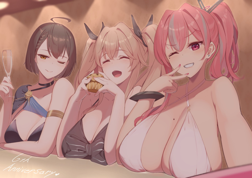 3girls ahoge alternate_costume anchorage_(azur_lane) anniversary asymmetrical_clothes asymmetrical_dress azur_lane baltimore_(azur_lane) baltimore_(evening_breeze_minuet)_(azur_lane) black_dress blue_cape breast_rest breasts breasts_on_table bremerton_(azur_lane) brown_dress brown_hair cape center_opening cleavage closed_eyes cocktail_dress criss-cross_halter cup cupcake dress english_text evening_gown food grey_hair halterneck hayato_rikin highres holding holding_cup holding_food huge_breasts indoors light_brown_hair light_smile looking_at_viewer mole mole_on_breast multiple_girls nail_polish official_alternate_costume one_eye_closed open_mouth pink_eyes pink_hair short_hair shoulder_cape single-shoulder_dress smile striped_cape twintails two-tone_cape upper_body v white_dress