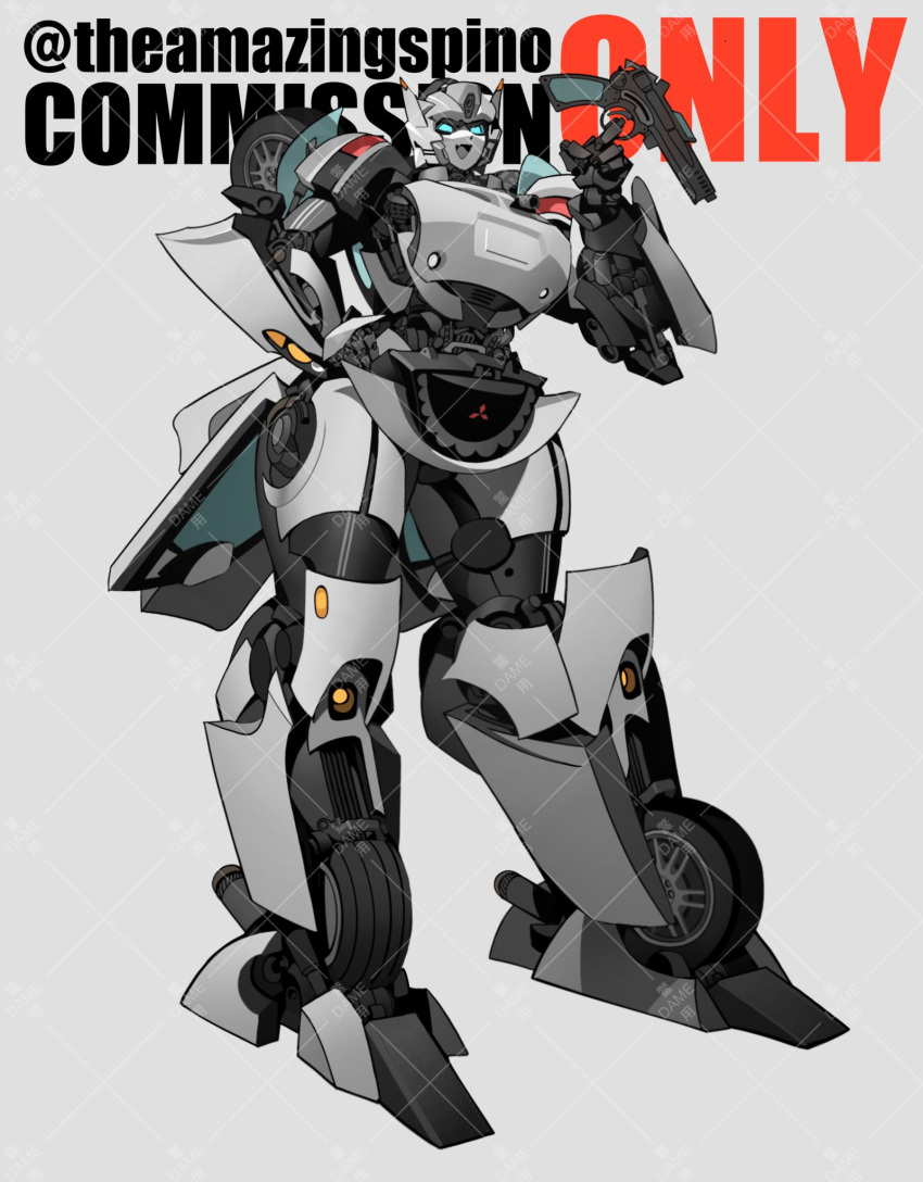 1girl blue_eyes commission fang grey_background gun highres holding holding_gun holding_weapon kamitoge_supino looking_at_viewer mecha mitsubishi_motors open_mouth original robot science_fiction skin_fang smile smug solo transformers twitter_username watermark weapon wheel