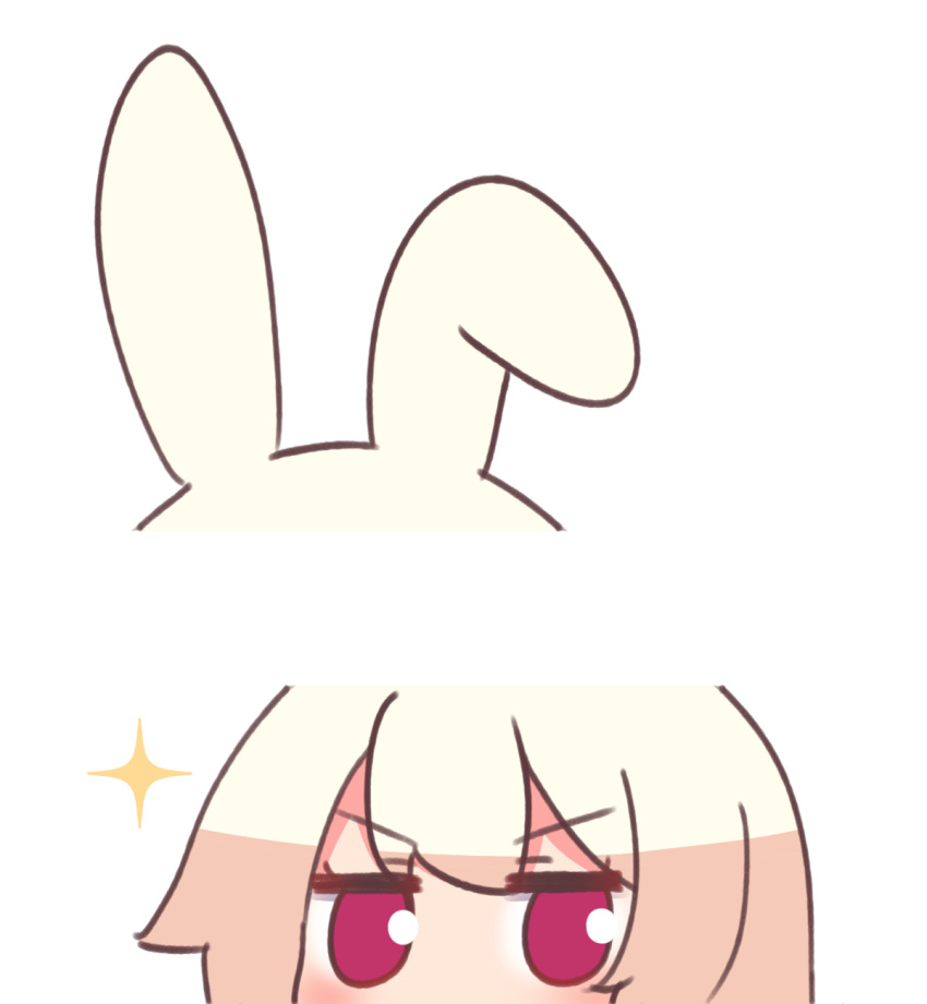 1girl animal_ears detached_ears highres kemomimi-chan_(naga_u) looking_at_viewer meme naga_u original peeking_out rabbit_ears red_eyes simple_background solo sparkle twitter_rabbit_ears_(meme) v-shaped_eyebrows white_background white_hair