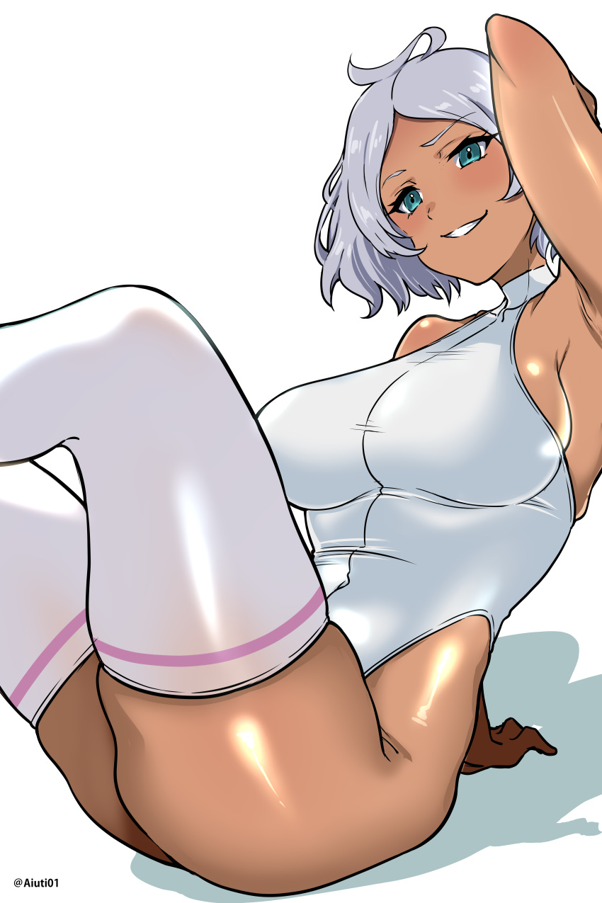 1girl absurdres aiuti aqua_eyes arm_behind_head armpits ass bare_shoulders blush breasts dark-skinned_female dark_skin grey_hair grin gundam gundam_suisei_no_majo highres leotard secelia_dote short_hair sideboob sitting smile solo thighhighs white_thighhighs