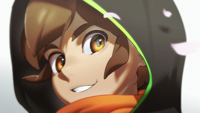 black_hoodie brown_eyes brown_hair cherry_blossoms endou_haru highres hood hoodie inazuma_eleven_(series) inazuma_eleven_victory_road omisotayan orange_scarf pale_skin reflective_eyes sasanami_unmei scarf smile