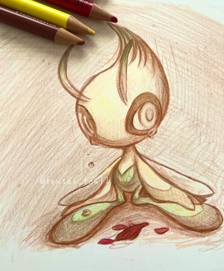 1other absurdres art_tools_in_frame artist_name celebi colored_pencil_(medium) colored_skin commentary fairy fairy_wings full_body green_skin grey_background grey_eyes highres looking_to_the_side multicolored_skin other_focus pencil petals pokemon pokemon_(creature) sad simple_background sitting sketch tears tensaitou_tou traditional_media twitter_username two-tone_skin watermark wings yokozuwari