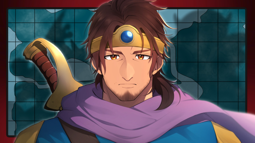 1boy beard belmond_banderas blue_tunic brown_eyes brown_hair choco_(chocovix112) circlet closed_mouth cosplay cosplay_request dragon_quest facial_hair highres male_focus map nijisanji portrait purple_scarf scarf shirt solo sword thick_eyebrows v-shaped_eyebrows virtual_youtuber weapon yellow_shirt