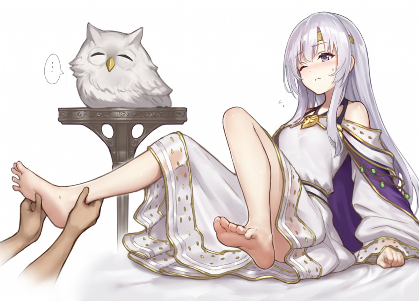 ... 1girl bare_shoulders barefoot bird circlet dress feet feh_(fire_emblem_heroes) fire_emblem fire_emblem:_genealogy_of_the_holy_war fire_emblem_heroes foot_focus grey_hair hiyashiru julia_(fire_emblem) legs long_hair long_sleeves one_eye_closed owl purple_eyes sitting solo_focus sweat touching_another's_feet