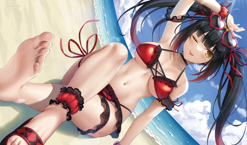 1girl ;) alternate_costume arm_up beach bikini black_hair breasts comiket_102 commentary_request crossed_legs date_a_live dutch_angle eyewear_on_head hair_ribbon heart heart-shaped_eyewear highres large_breasts long_hair looking_at_viewer navel ocean okitakung one_eye_closed outdoors red_bikini red_ribbon ribbon sandals single_sandal sitting smile solo sunglasses swimsuit thigh_strap toes tokisaki_kurumi twintails yellow_eyes