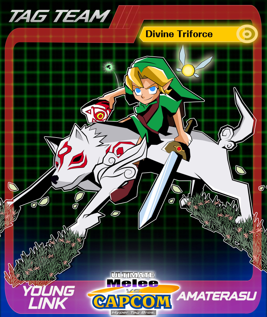 2023 absurd_res akira_slide amaterasu_(okami) canid canine capcom crossover deity elf english_text fairy female feral grass group hi_res holding_object holding_sword holding_weapon humanoid humanoid_pointy_ears hylian issun_(okami) male mammal mask melee_weapon navi nintendo ocarina_of_time okami_(capcom) plant sword text the_legend_of_zelda weapon xeternalflamebryx young_link