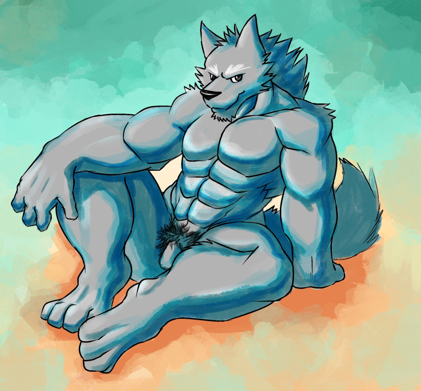 abs anthro biceps canid canine canis casual_nudity feet flaccid foreskin fur genitals hi_res humanoid_genitalia humanoid_hands humanoid_penis kemono looking_at_viewer male mammal manly muscular muscular_anthro muscular_male nude pecs penis pubes ricecakekain solo solo_focus wolf