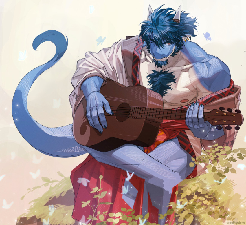 2023 2_horns acoustic_guitar another_eidos_of_dragon_vein_r anthro anthyutena arthropod asian_clothing blue_body blue_hair blue_scales butterfly chest_tuft claws clothing deltoids dragon ear_piercing ear_ring east_asian_clothing facial_hair finger_claws folker_(anothereidos_r) goatee guitar hair hi_res horn horn_jewelry horn_ring insect japanese_clothing jewelry lepidopteran looking_at_viewer male multicolored_body multicolored_scales muscular muscular_anthro muscular_male musical_instrument nipples one_eye_closed pecs piercing plant playing_guitar playing_music plucked_string_instrument reptile ring_(jewelry) ring_piercing scales scalie sideburns sitting sketch solo string_instrument tail tail_tuft tuft two_tone_body two_tone_scales wasp_(artist) white_body white_clothing white_scales white_yukata yukata