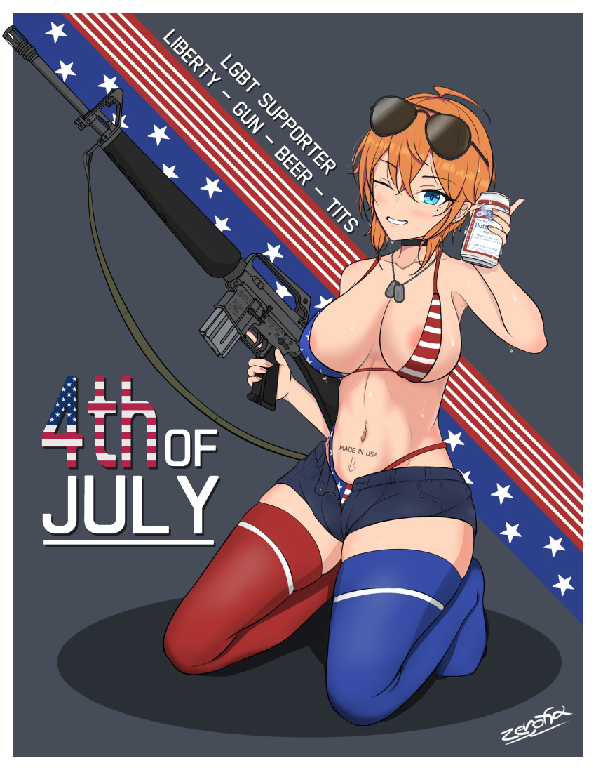 1girl absurdres ahoge american_flag_bikini areola_slip arrow_(symbol) assault_rifle asymmetrical_legwear beer_can bikini bikini_under_clothes blue_shorts blue_thighhighs breasts can dog_tags ear_piercing english_text eyewear_on_head flag_print gun highres holding holding_can holding_gun holding_weapon large_breasts m16 micro_shorts mismatched_legwear mole mole_under_eye navel navel_piercing one_eye_closed orange_hair original piercing pun red_thighhighs rifle short_hair shorts smile solo stomach_tattoo sunglasses swimsuit tattoo thighhighs weapon zerofid