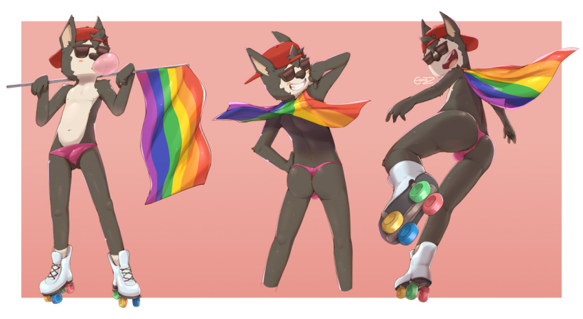 anthro backwards_baseball_cap backwards_hat baseball_cap bat bulge butt cartoon_network clothing exmoz eyewear hat headgear headwear inline_skates lgbt_pride male mammal max_(sci) pride_colors rainbow_flag rainbow_pride_flag rainbow_symbol roller_skates summer_camp_island sunglasses underwear