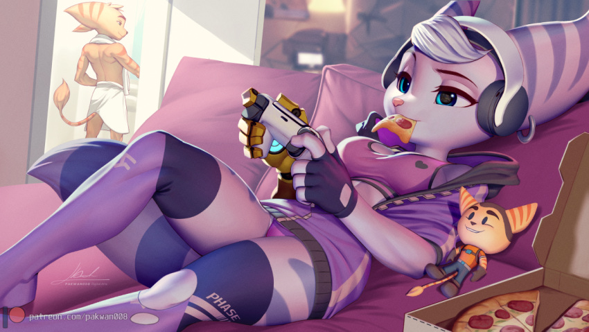 anthro bionic_arm bionics blue_eyes breasts clothed clothing controller cybernetic_arm cybernetic_limb duo ear_piercing female food fur furniture game_controller gaming hair headphones holding_controller holding_game_controller holding_object legwear lombax lying male mammal on_back on_sofa pakwan008 panties piercing pizza plushie ratchet ratchet_and_clank rivet_(ratchet_and_clank) sofa sony_corporation sony_interactive_entertainment striped_arms stripes sweater tail topwear towel towel_around_waist underwear white_hair yellow_body yellow_fur
