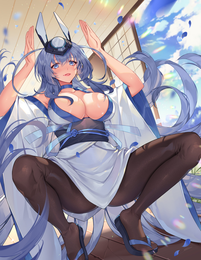 1girl absurdres alternate_costume animal_ears azur_lane black_pantyhose blue_choker blue_eyes blue_footwear blue_hair blush breasts choker cleavage cloud cloudy_sky collarbone commentary commission english_commentary fake_animal_ears falling_petals hair_between_eyes hands_up highres indoors japanese_clothes kimono large_breasts long_hair looking_at_viewer new_jersey_(azur_lane) obi obijime orange_sekaii pantyhose parted_lips petals rabbit_ears rabbit_pose sash sky smile solo squatting thighs tongue tongue_out very_long_hair white_kimono wide_sleeves